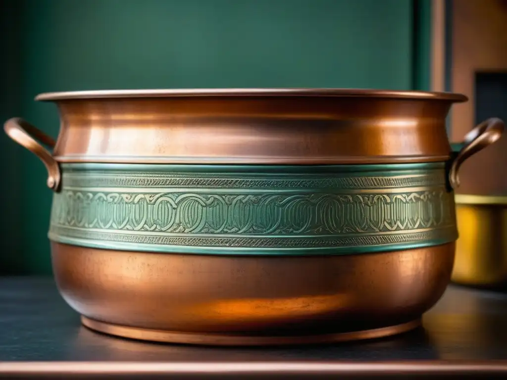 Detalle en cobre envejecido de una olla con grabados, reflejando décadas de uso en una cocina tradicional