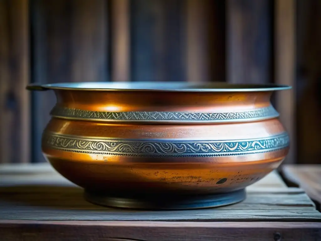 Detalle de un deg de cobre en mesa rústica, reflejando la influencia gastronómica británica en Sur Asia