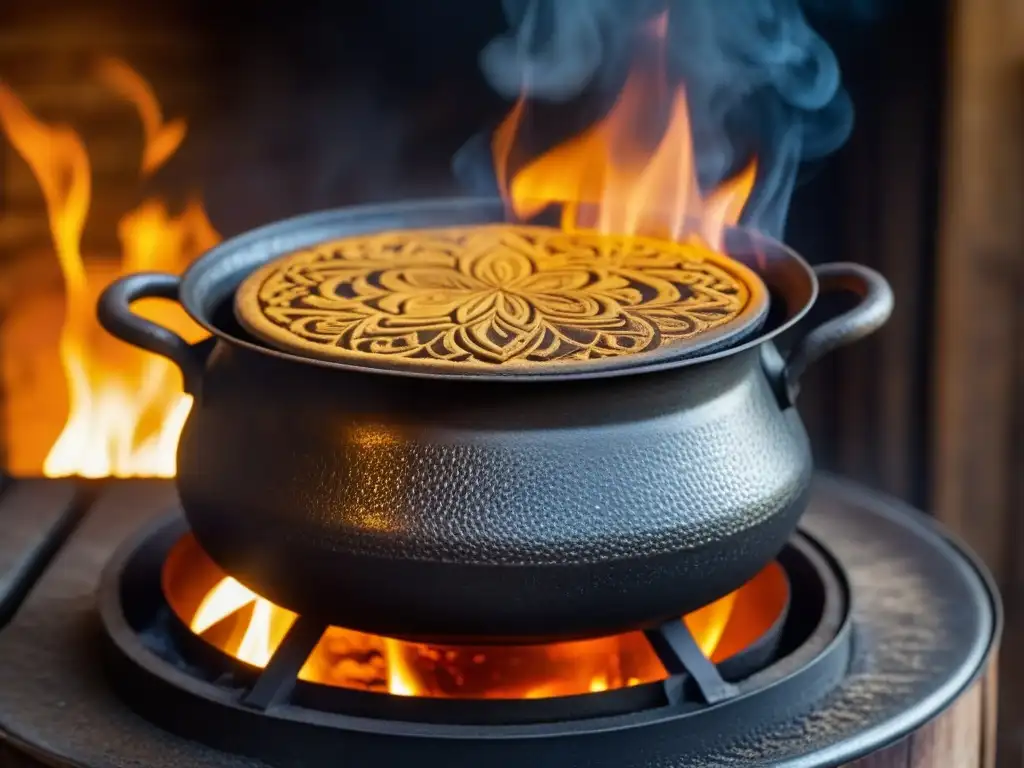 Detalle de cocción en olla de hierro sobre estufa de leña, mostrando patrones y tradición culinaria