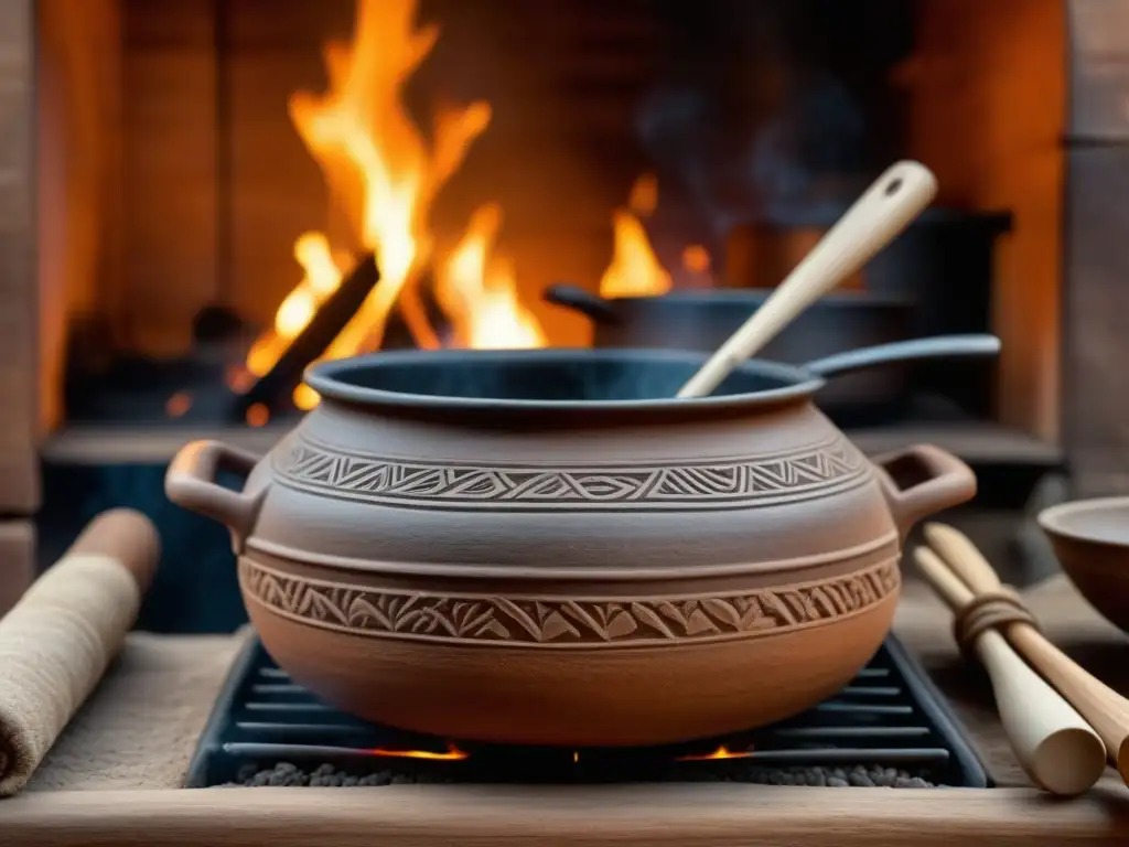 Detalle de cocina antigua con utensilios de barro y madera, fuego crepitante calentando olla