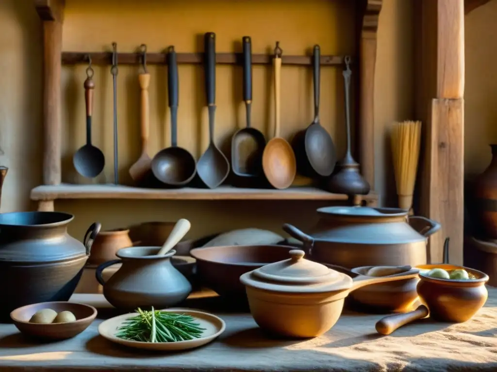 Detalle de cocina campesina bizantina con utensilios antiguos y recetas históricas