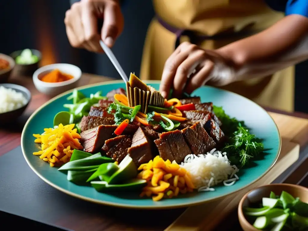 Detalle de cocina mongol invasión culinaria India: chef preparando plato fusionado con esmero