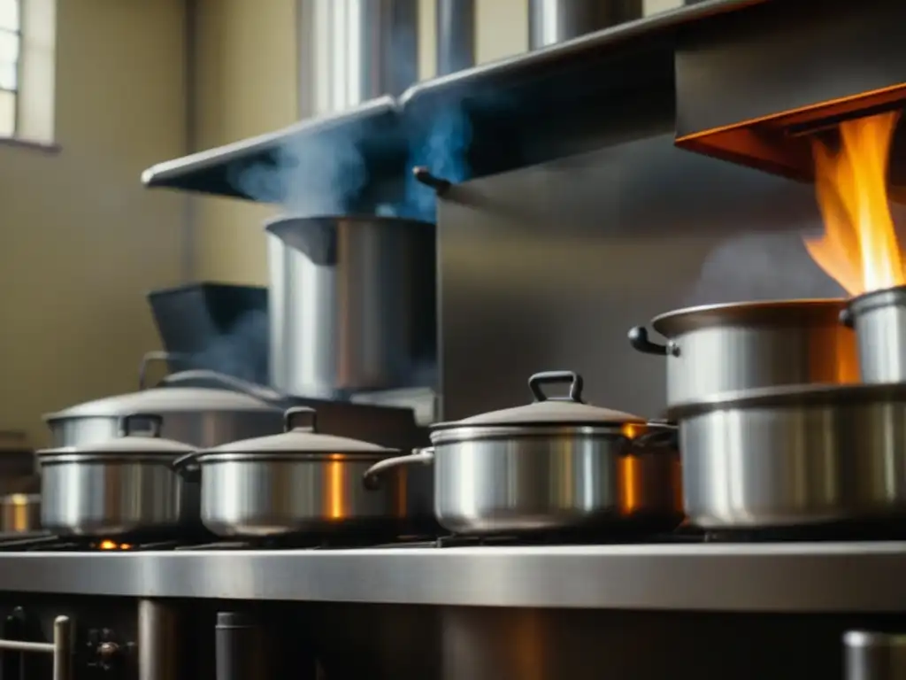 Detalle de una cocina industrial vintage de la Revolución Industrial, con trabajadores y maquinaria, mostrando el impacto en la gastronomía europea