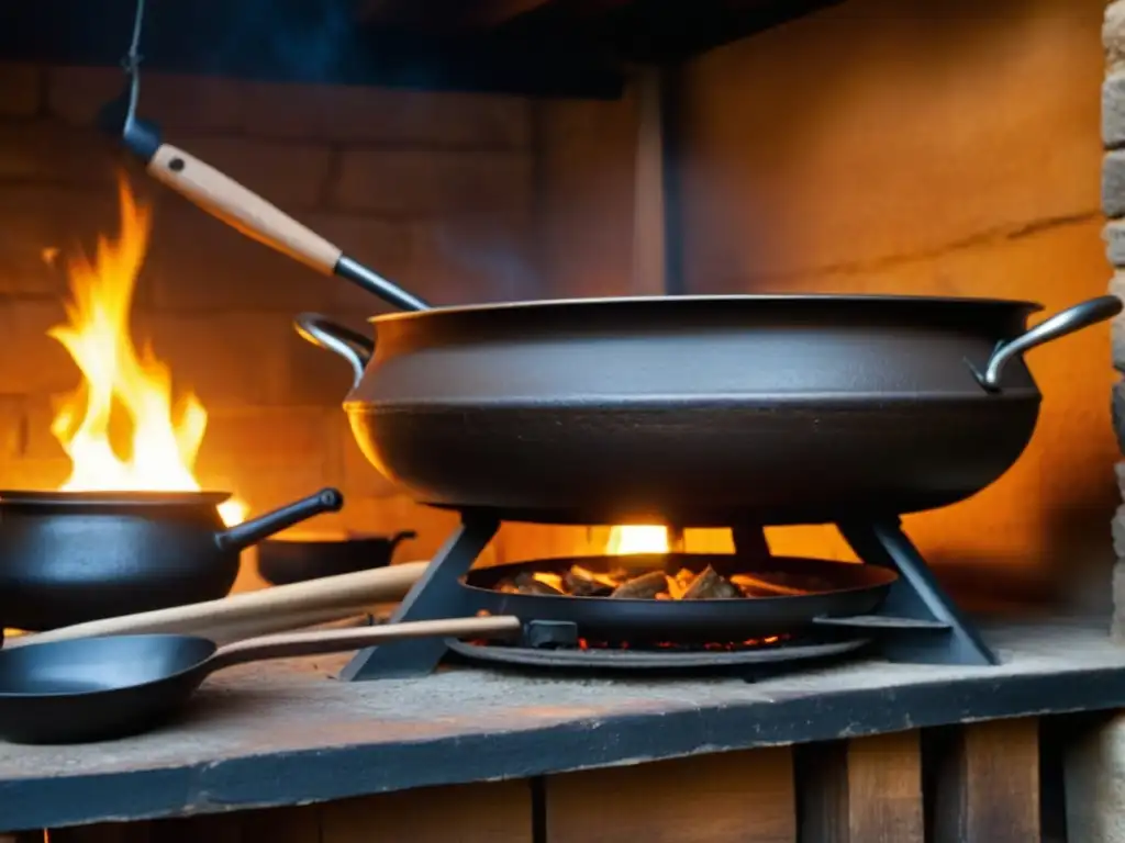 Detalle de cocina medieval en un castillo con utensilios antiguos y calderos sobre el fuego, evocando recetas históricas castillos medievales