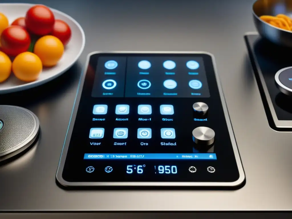 Detalle de gadget de cocina moderno, acero inoxidable, pantalla digital y botones precisos, evolución gadgets cocina historia