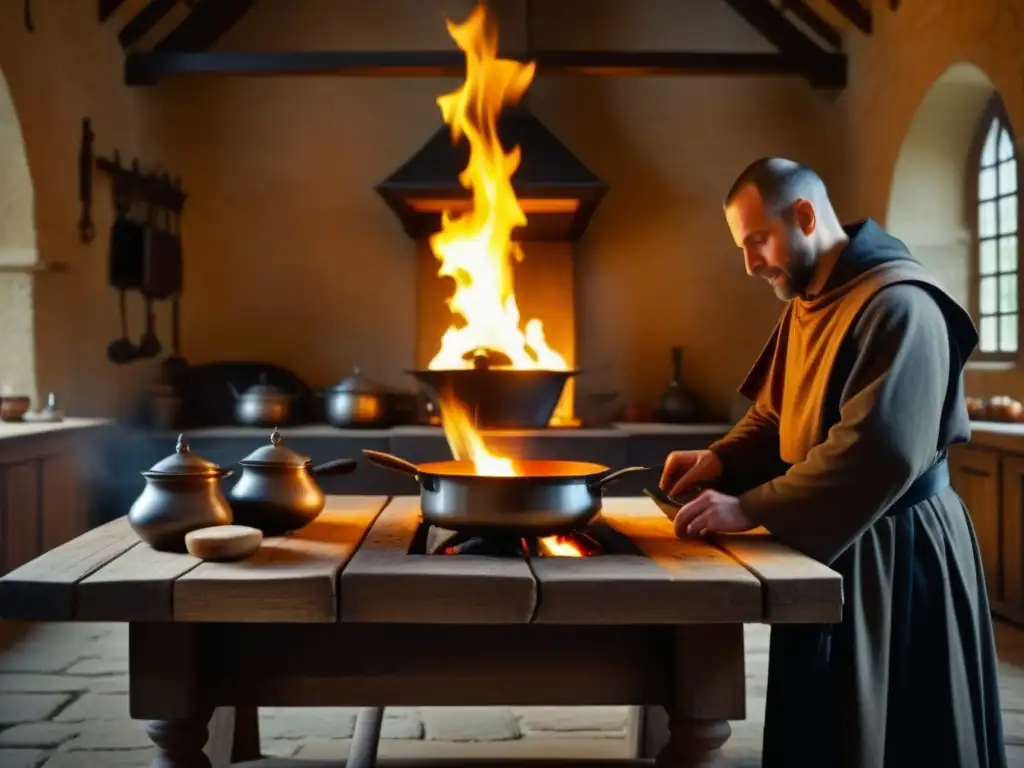 Detalle de cocina monástica en Europa con monjes cocinando sobre fuego abierto y utensilios antiguos, mostrando recetas históricas