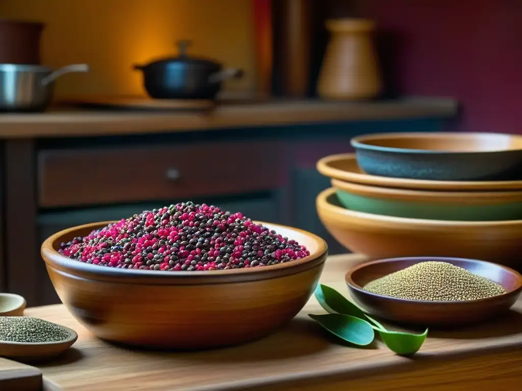 Detalle de cocina tolteca con semillas de amaranto en plato de madera