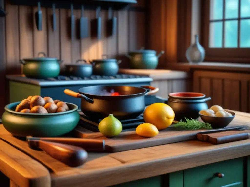 Detalle de una cocina escandinava tradicional con utensilios tallados en madera, libros de recetas antiguos y una olla en la estufa de hierro colado