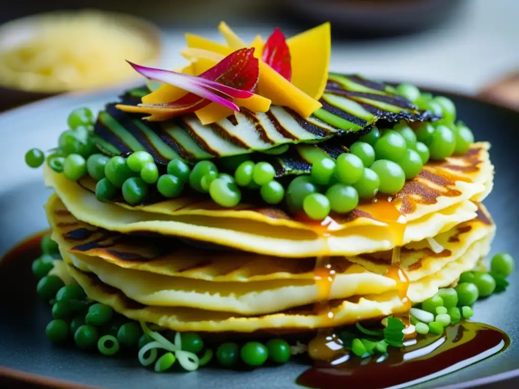 Detalle de Okonomiyaki recién cocinado, con capas de ingredientes coloridos