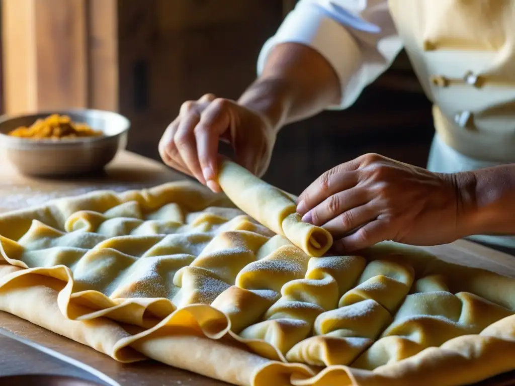 Detalle de cocinera experta preparando pastelitos criollos en cocina del siglo XIX