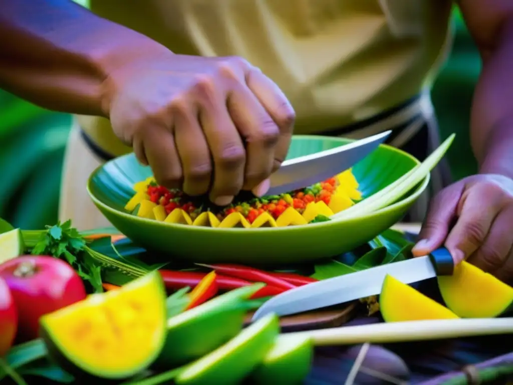 Detalle de cocinero isleño preparando plato colorido con ingredientes locales, destacando evolución de la cocina en Islas del Pacífico