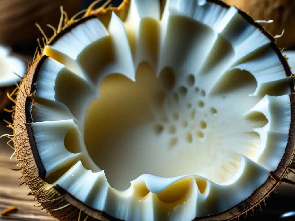 Detalle de un coco fresco siendo abierto, revelando su textura fibrosa, agua de coco y carne blanca