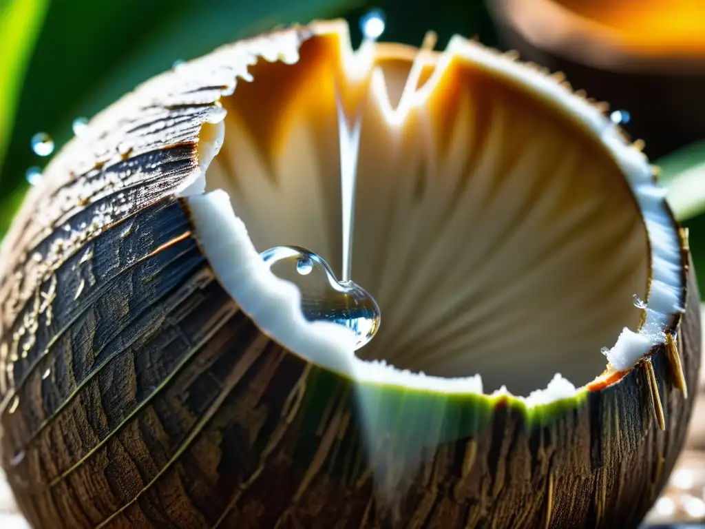 Detalle de coco fresco siendo abierto, revelando agua cristalina bajo la luz tropical