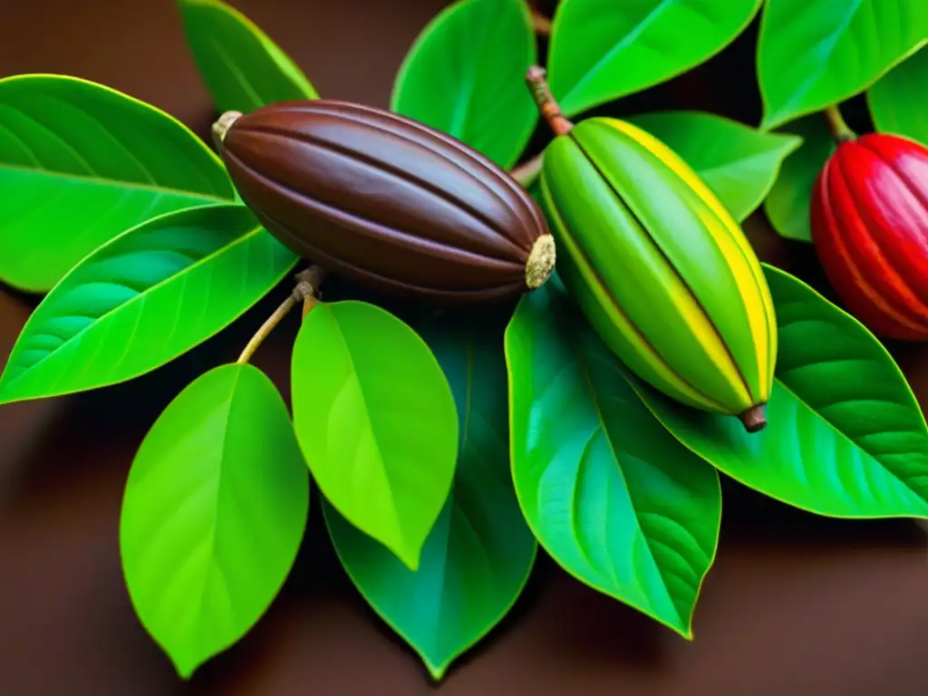 Detalle colorido de un árbol de cacao con hojas verdes y vainas maduras