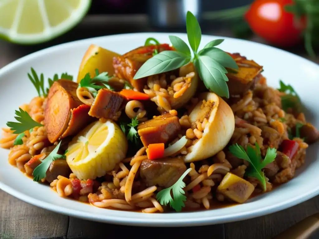 Detalle colorido y aromático plato de Jambalaya, influencia cocina criolla historia mundial, con hierbas frescas y especias