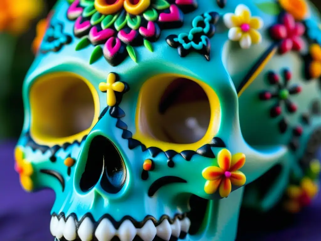 Detalle colorido de calavera de azúcar decorada, evocando celebración y tradición de Recetas tradicionales Día de Muertos