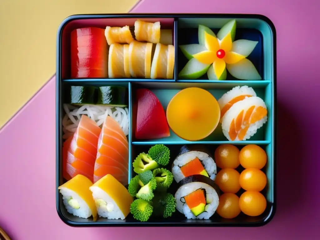 Detalle colorido y delicado de un bento japonés durante el intercambio gastronómico periodo Nanban