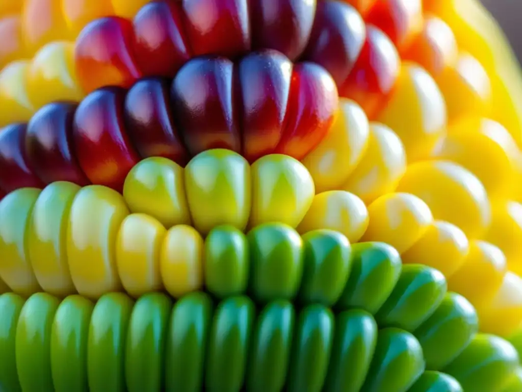 Detalle de un colorido elote maíz brillante en el sol, resaltando sus patrones e texturas únicas