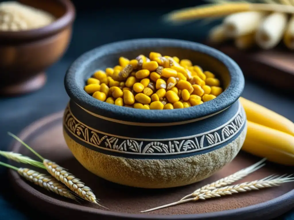 Detalle colorido de un molcajete con maíz y trigo, resaltando la fusión de sabores en las batallas culinarias América colonial