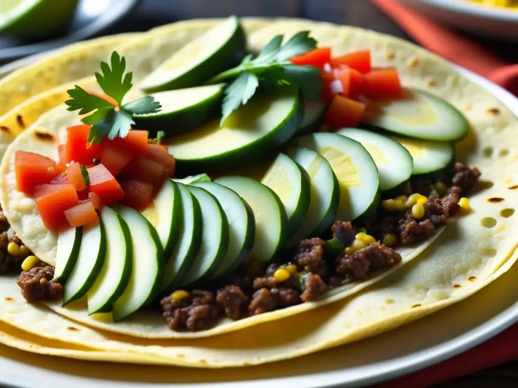 Detalle colorido de un plato TexMex mostrando influencias culinarias indígenas TexMex en capas de tortillas, carne, queso y salsa fresca