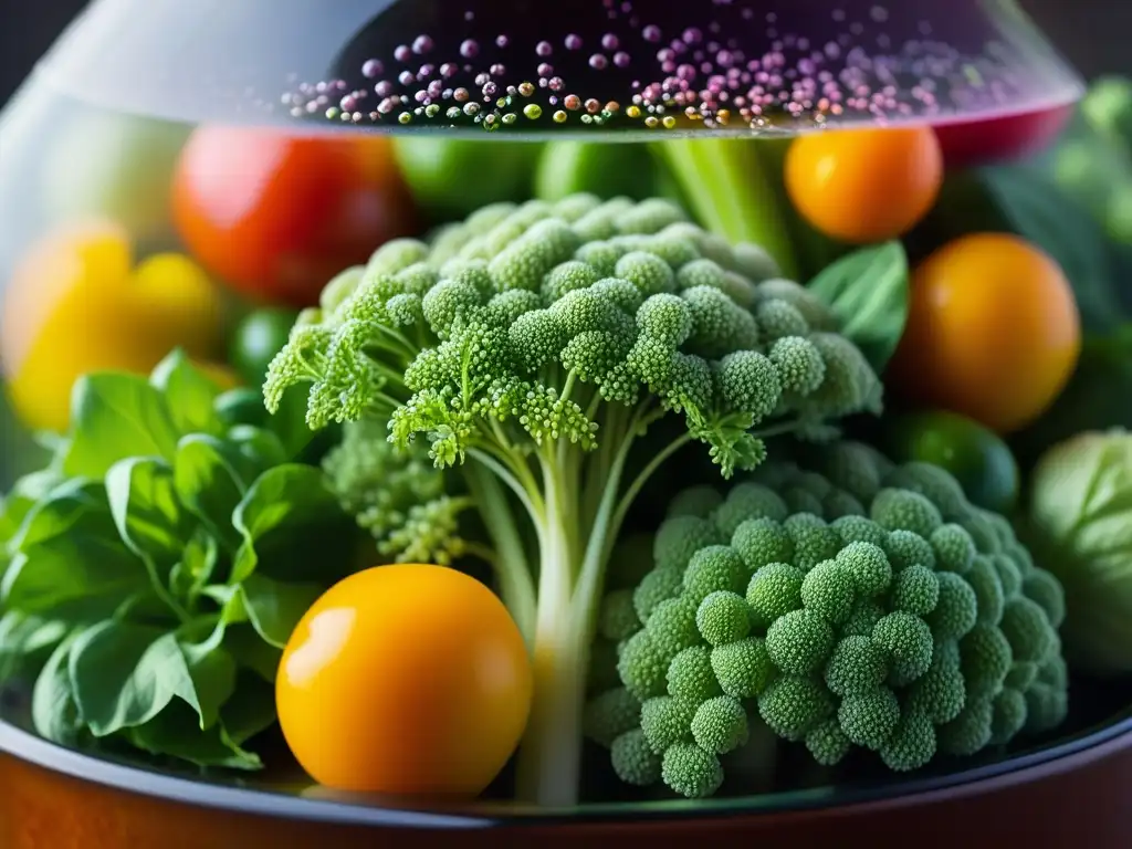 Detalle colorido de fermentación de verduras y hierbas en frasco, muestra burbujas y texturas, reflejando fermentación antigua cocina sustentable