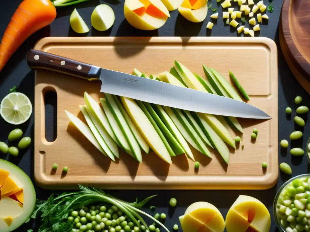 Detalle de corte de ingredientes para ensalada Olivier, mostrando la meticulosa preparación