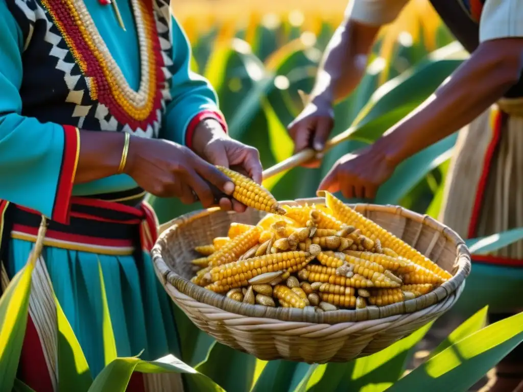 Detalle de cosecha de maíz por campesinos aztecas en un campo soleado