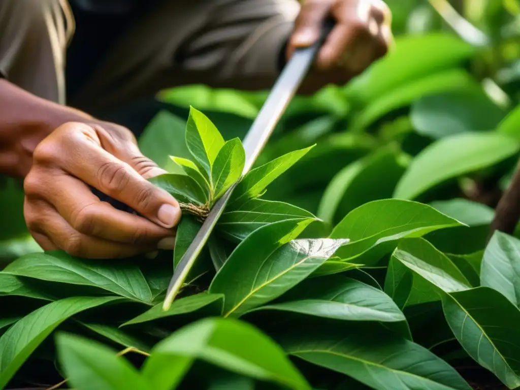 Detalle de la cosecha manual de hojas de yerba mate en plantación sudamericana