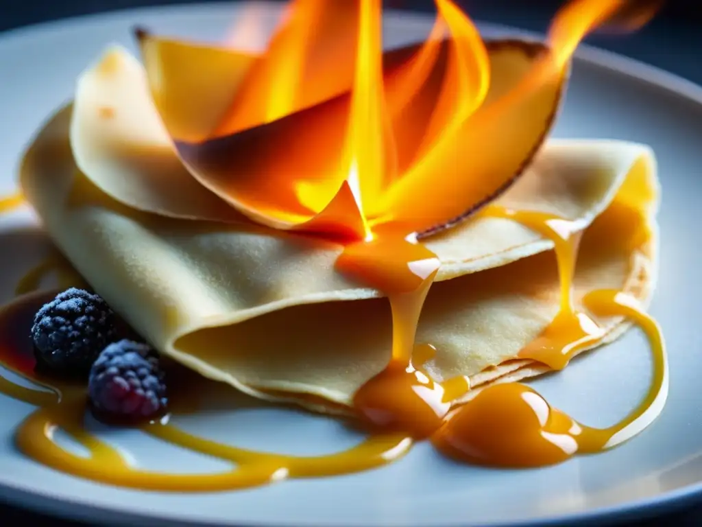 Detalle de crepé flambeado con llama naranja, mostrando la historia de Crepes Suzette repostería francesa