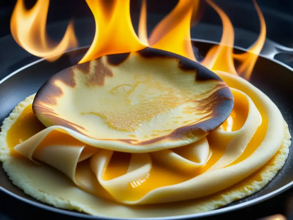 Detalle de Crepes Suzette flambeados en sartén, resaltando la historia y la repostería francesa