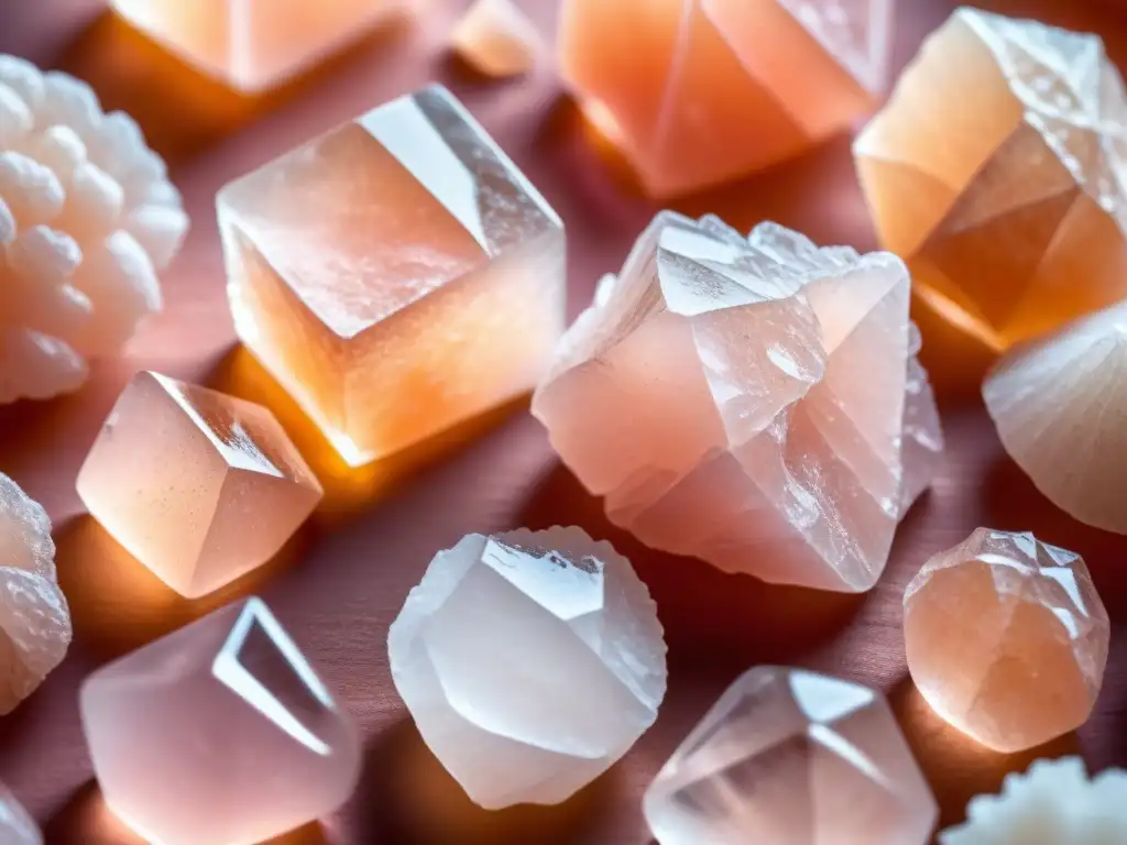 Detalle de cristales rosados de sal del Himalaya, reflejando la luz natural