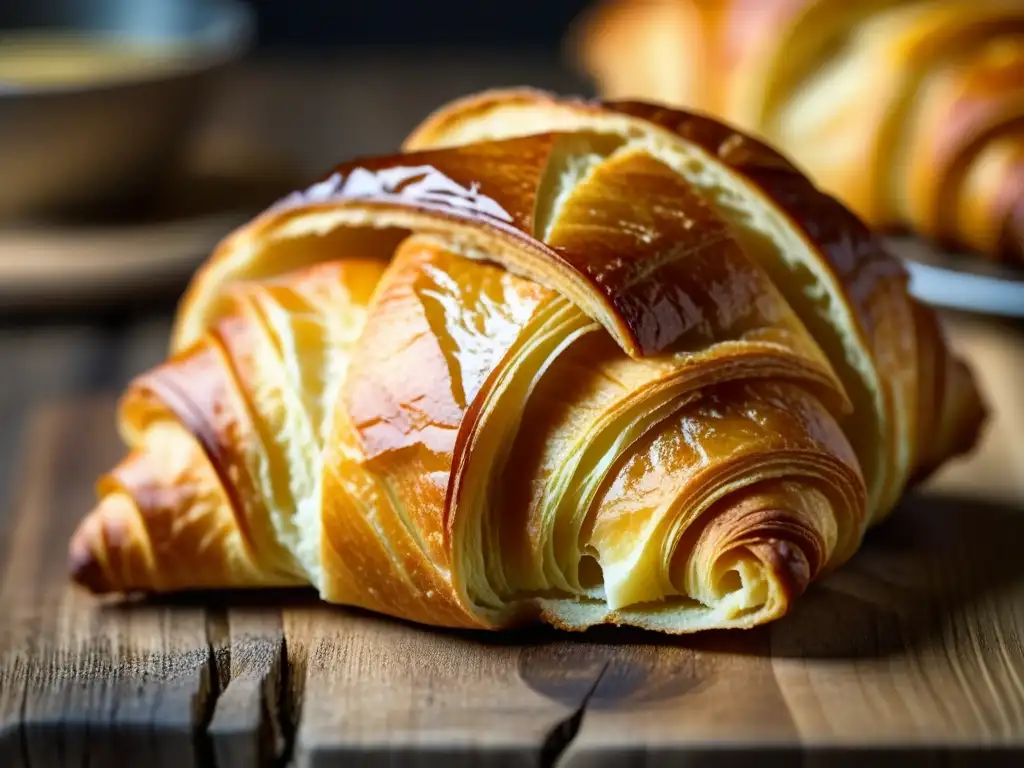 Detalle de un croissant dorado y escamoso, reflejo de la Gastronomía Francesa en la historia