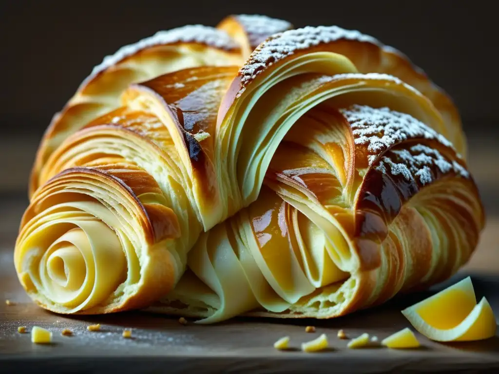 Detalle de croissant francés recién horneado, mostrando su crujiente capa dorada y su interior mantecoso