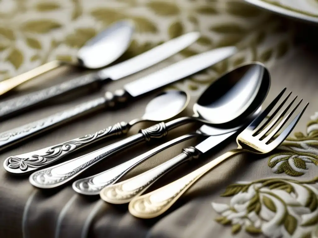 Detalle de cubiertos de plata en una mesa colonial del siglo XVIII, mostrando elegancia y sofisticación