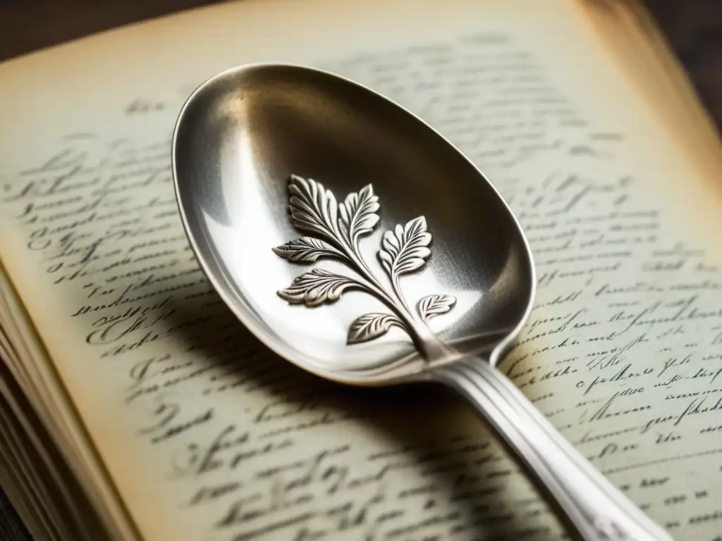 Detalle de cuchara antigua de plata sobre libro de recetas vintage con grabados florales y recetas manuscritas en cursive