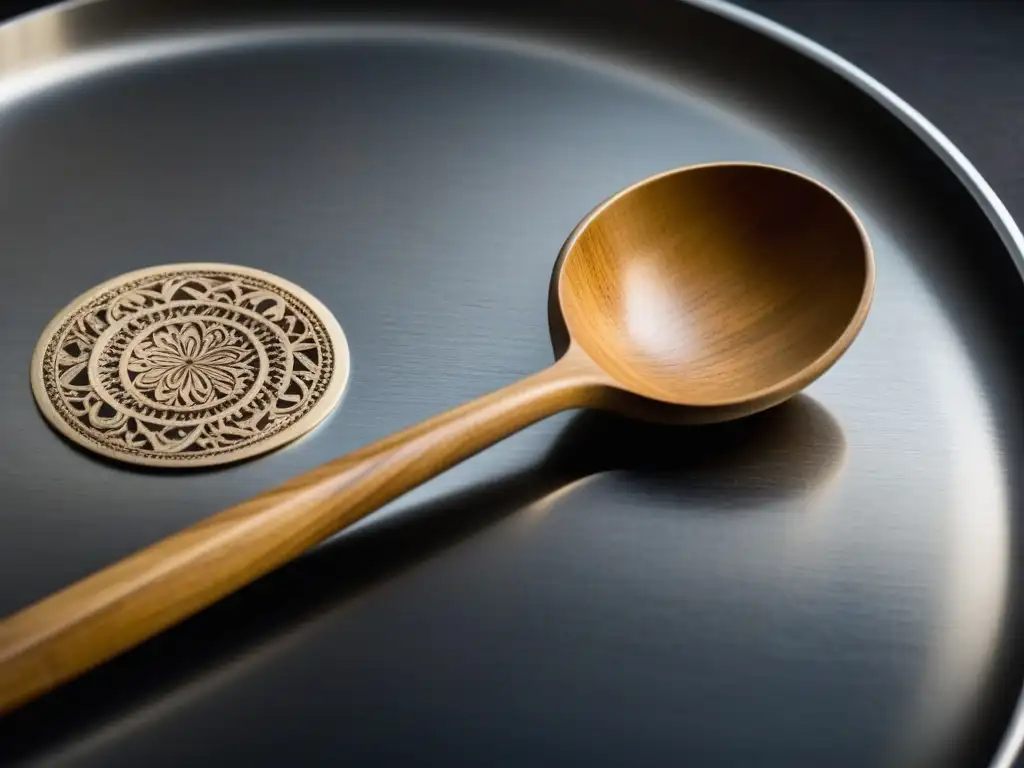 Contraste: cuchara de madera antigua vs Detalle de cuchara de madera antigua junto a espátula de acero inoxidable, resaltando la evolución de utensilios de cocina tradicionales renacimiento