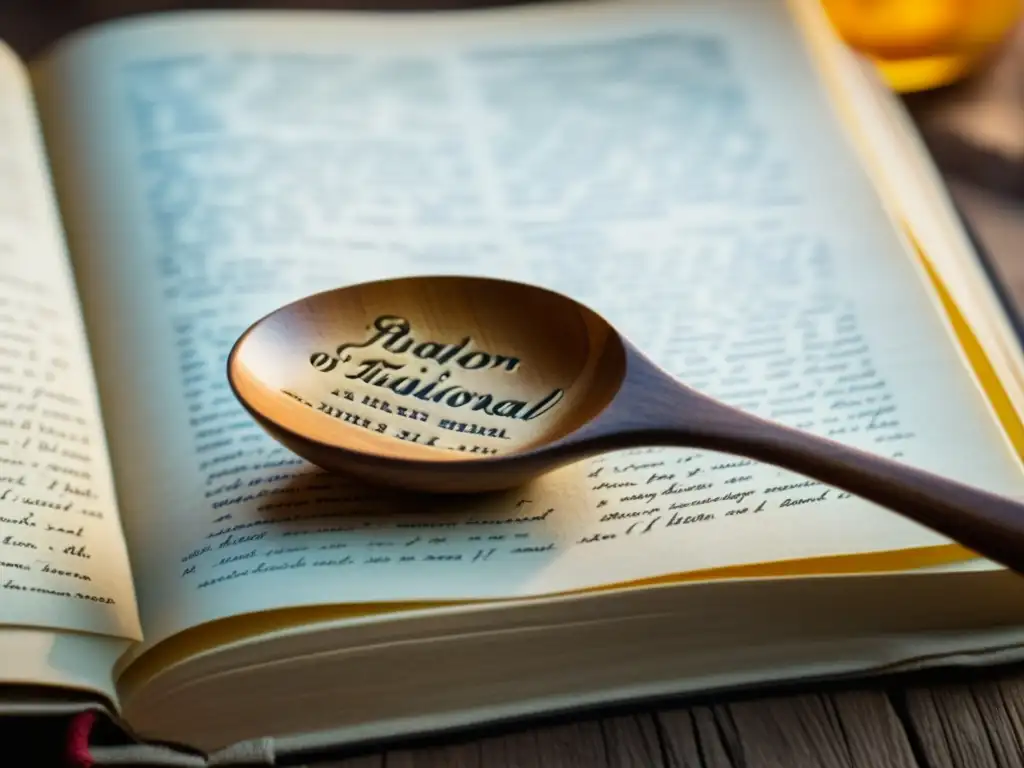 Detalle de cuchara de madera antigua sobre libro de recetas históricas, evocando culturas y épocas de relevancia