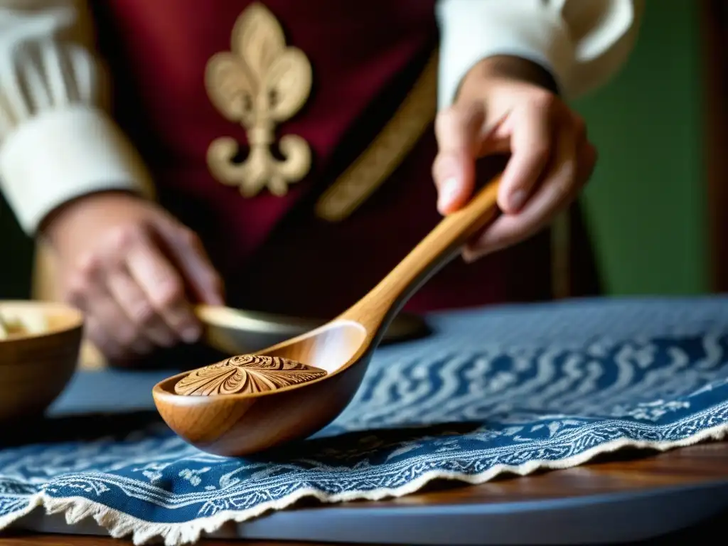 Detalle de cuchara de madera artesanal con grabados antiguos, resaltando historia y tradición en utensilios cocina recetas históricas