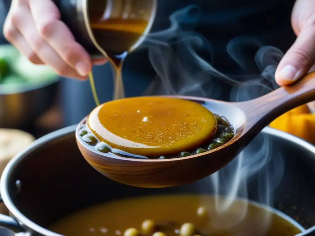 Detalle de cuchara de madera en olla de guiso, honrando tradición culinaria con robots de cocina historia culinaria