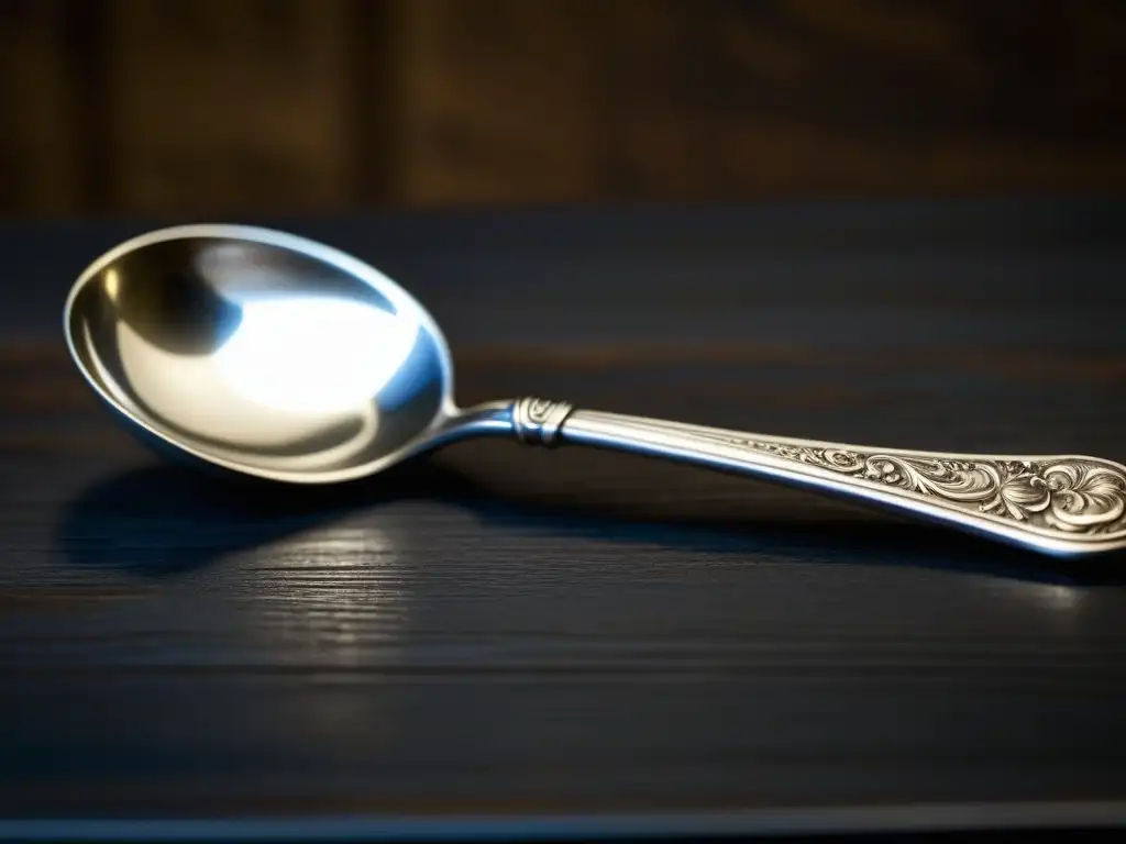 Detalle de una cuchara de plata antigua con intrincados grabados, sobre mesa de madera, resaltando la artesanía