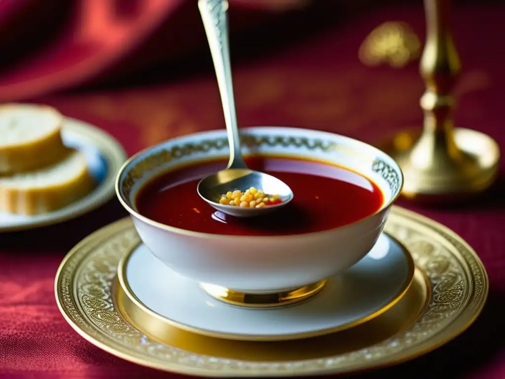 Detalle de cuchara de plata en elegante tazón de borscht, tradición ayuno corte Zares