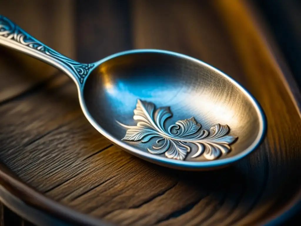 Detalle de cuchara de plata envejecida sobre mesa de madera iluminada, reflejando su elegante artesanía