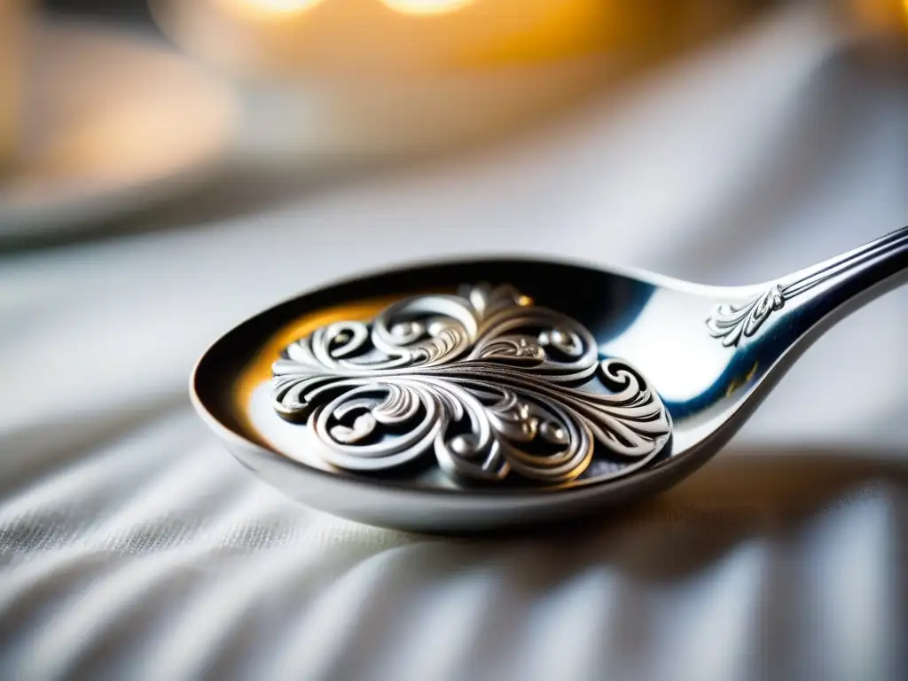 Detalle de cuchara de plata con grabados de influencia aristocracia francesa en mantel blanco