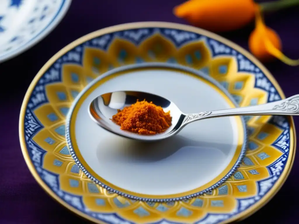 Detalle de cuchara de plata en plato de porcelana con especias coloridas, evocando la opulencia de la Cocina Catalina Grande historia