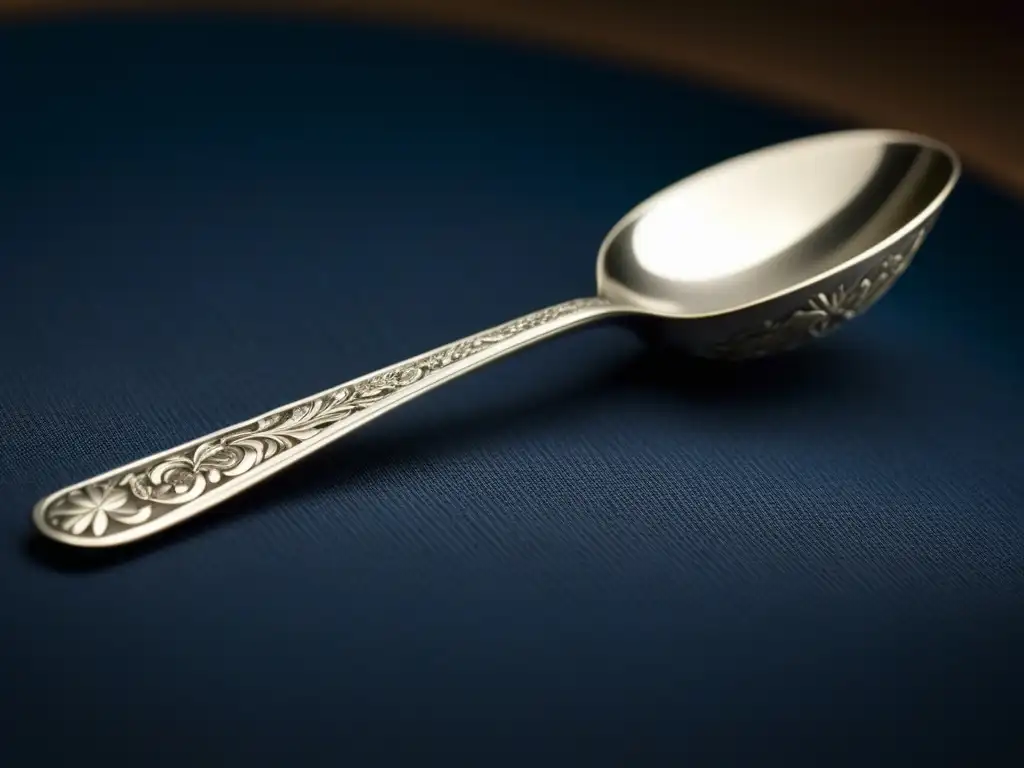 Detalle de una cuchara de plata del siglo XV con grabados florales, reflejando la artesanía de la época