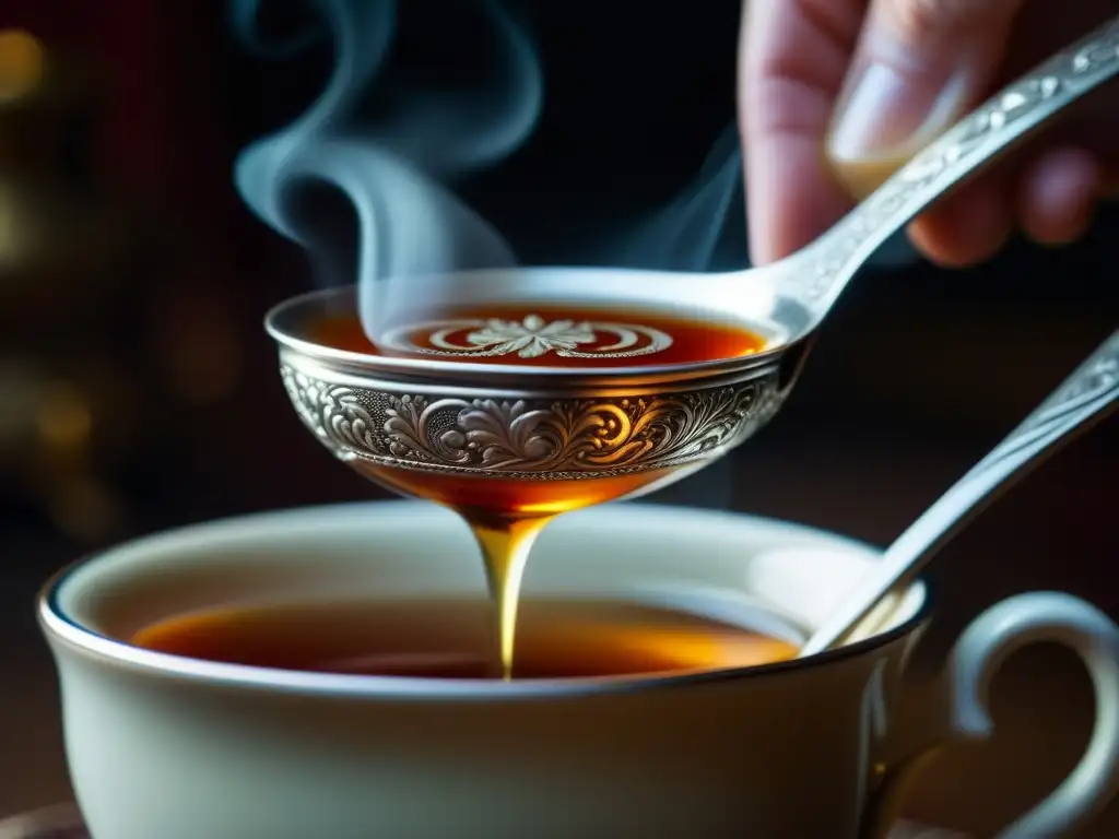 Detalle de una cucharita de plata removiendo té ruso tradicional, destacando la esencia del origen té tradicional ruso