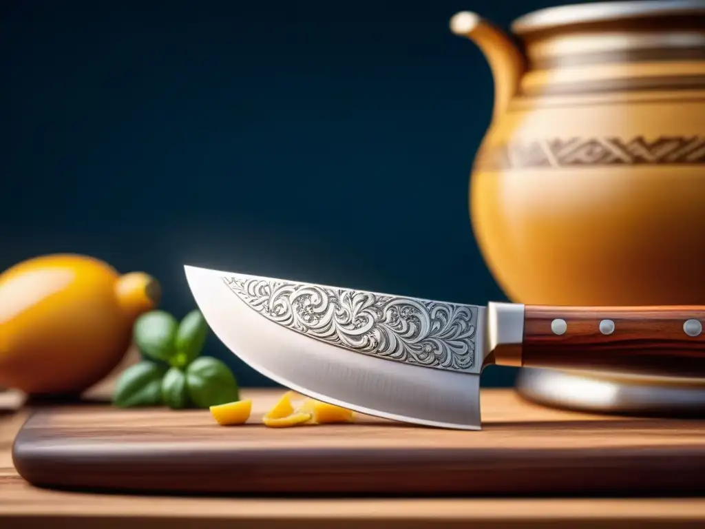 Detalle de cuchillo de cocina escandinavo con grabados en el mango y hoja afilada con patrón único