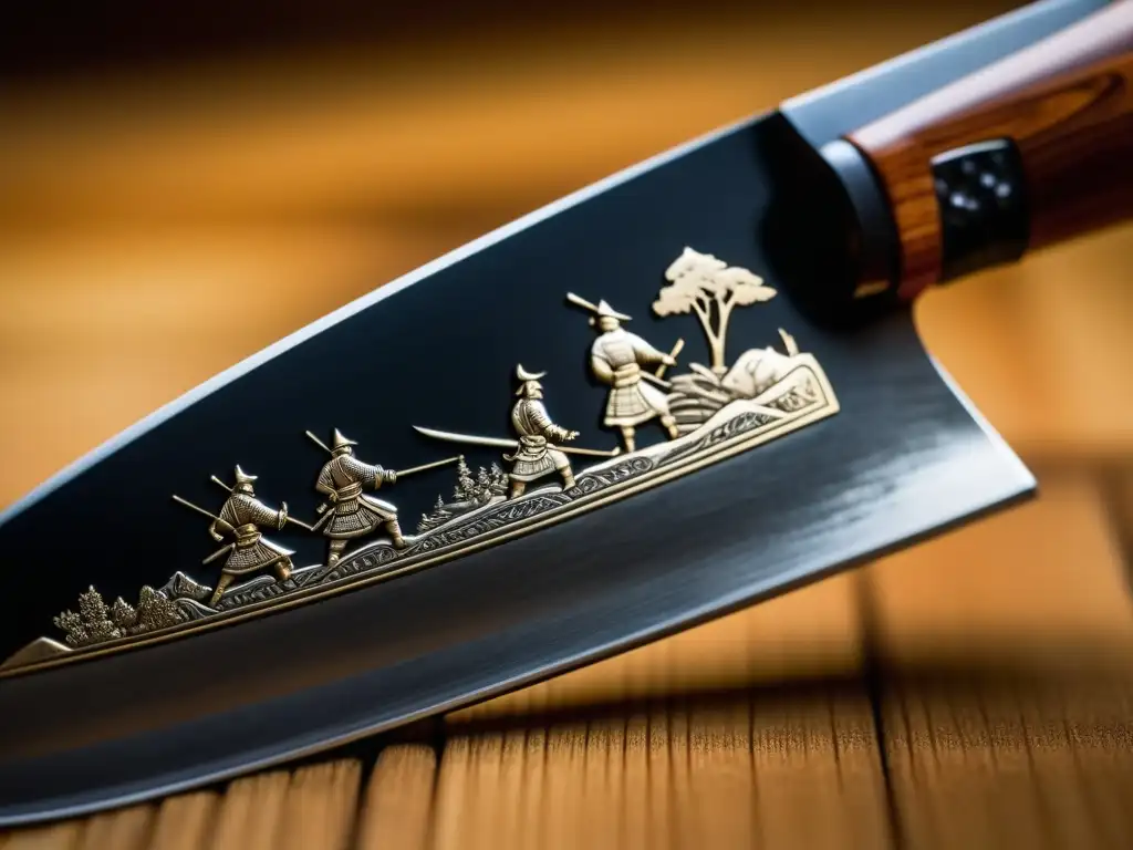 Detalle de cuchillo de cocina japonés tradicional con grabados de samuráis en escenas de batalla, destacando la artesanía y relevancia histórica