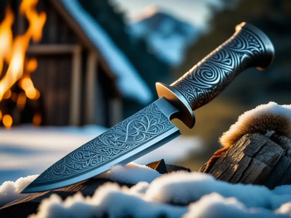 Detallada navaja Vikinga forjada a mano en paisaje nórdico Detalle de cuchillo de cocina vikingo forjado a mano, con patrones nórdicos, en paisaje nevado