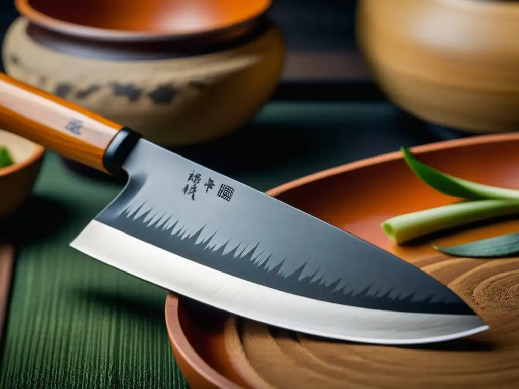 Detalle de cuchillo japonés tradicional con mango de madera, rodeado de utensilios de cocina antiguos de la era Heian